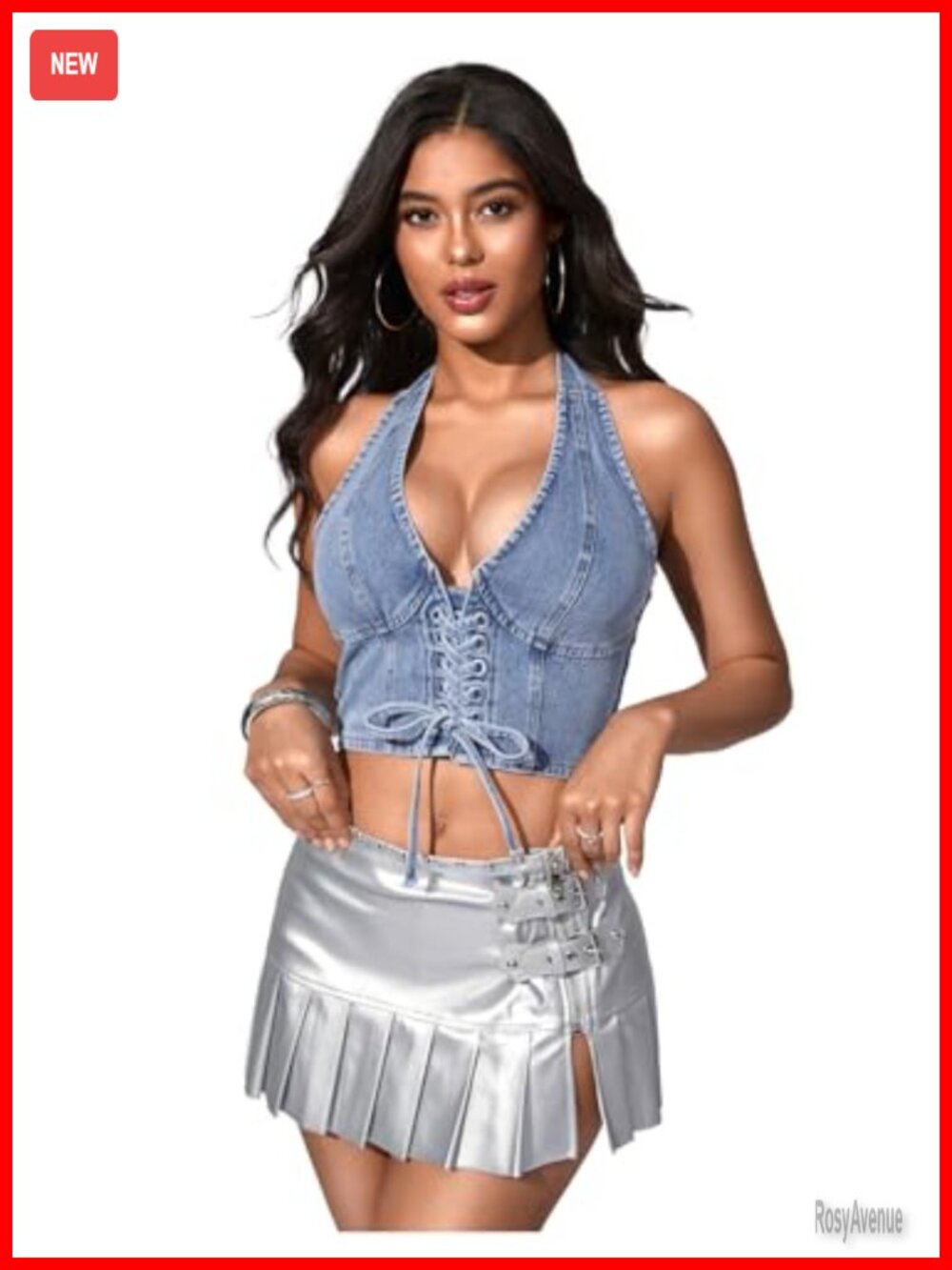 Denim Corset Halter Lace Up Crop Top Sleeveless Backless Shirred